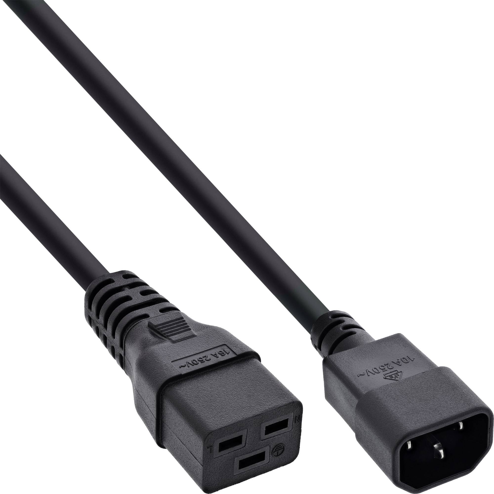 Schwarzes Stromkabel mit C13-Buchse an einem Ende und IEC-C14-Stecker am anderen Ende.