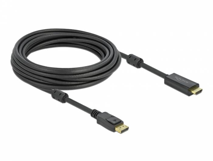 Aufgerolltes schwarzes HDMI-Kabel mit vergoldeten Steckern auf weißem Hintergrund.