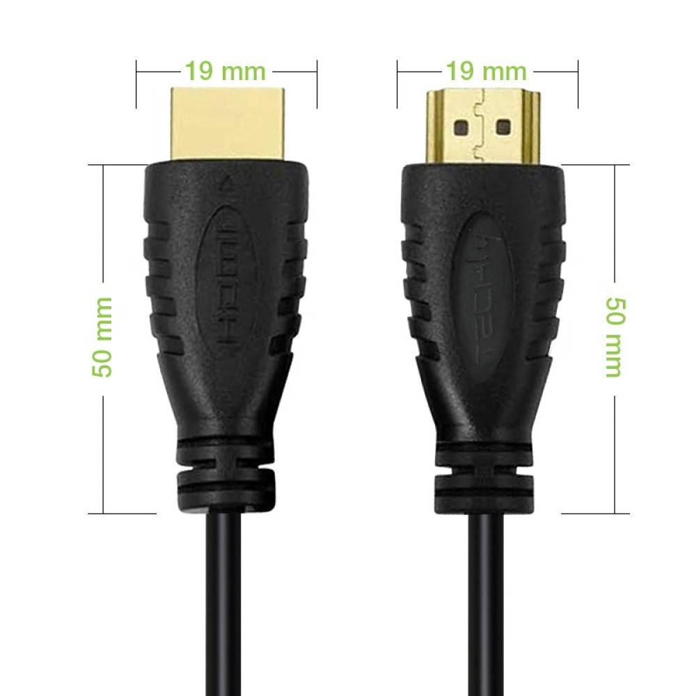HDMI-Kabelanschlüsse in Vorder- und Seitenansicht gezeigt, mit Abmessungen von 19 mm Breite und 50 mm Länge für jeden Anschluss.