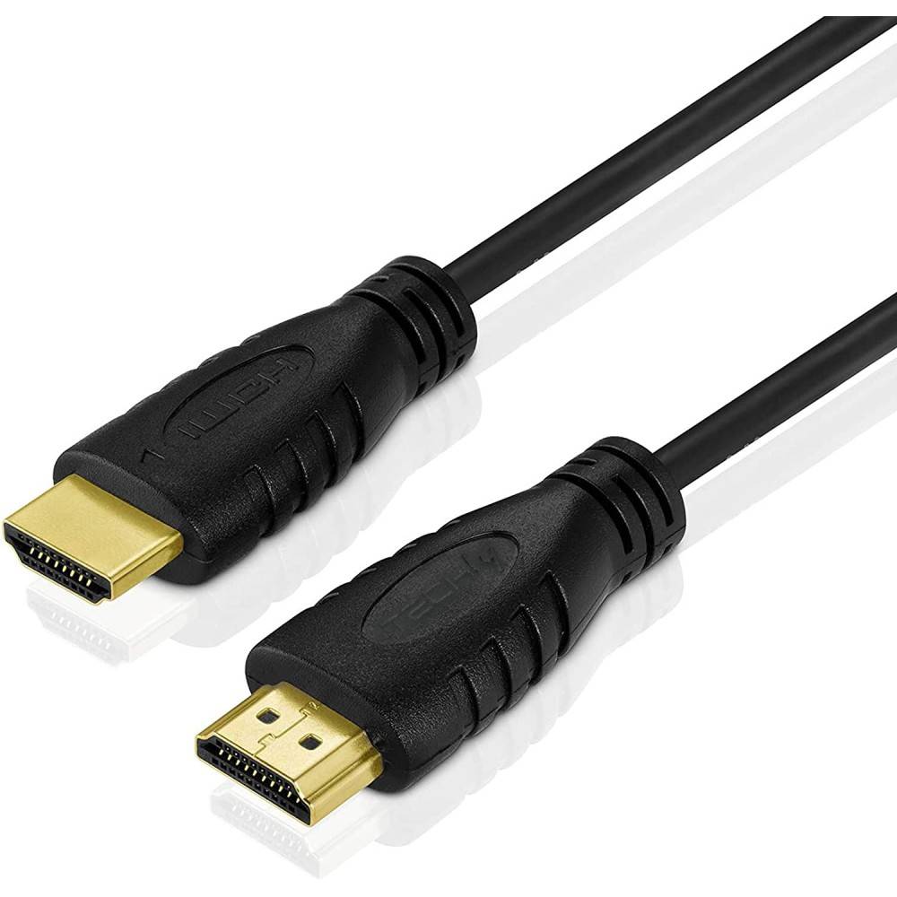 Zwei vergoldete HDMI-Kabelstecker mit schwarzen Steckern und Kabeln auf weißem Hintergrund.