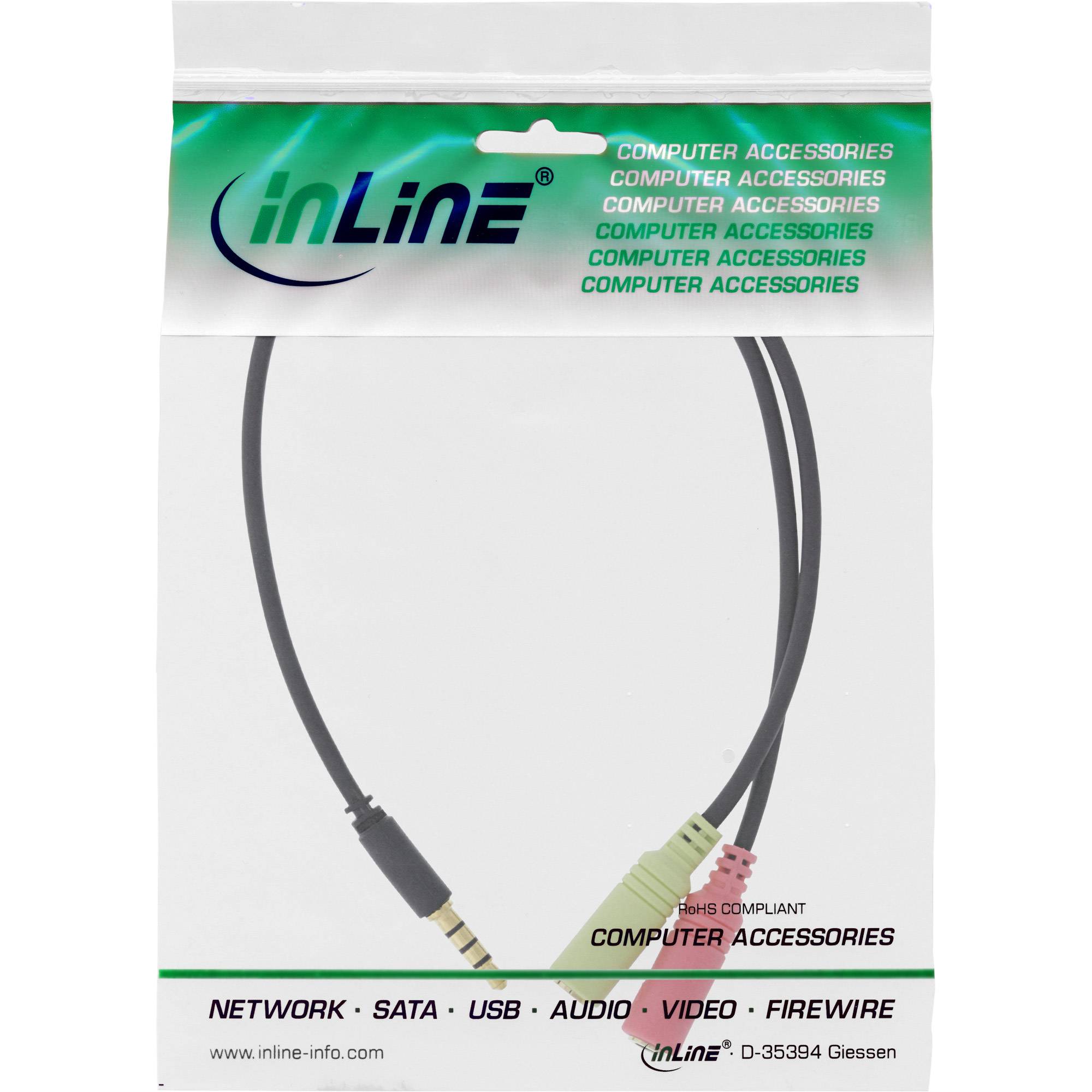 INLINE - Headset Adapterkabel - 3,5mm Stecker an 2x3,5mm Buchse - schwarz - 0,25m
