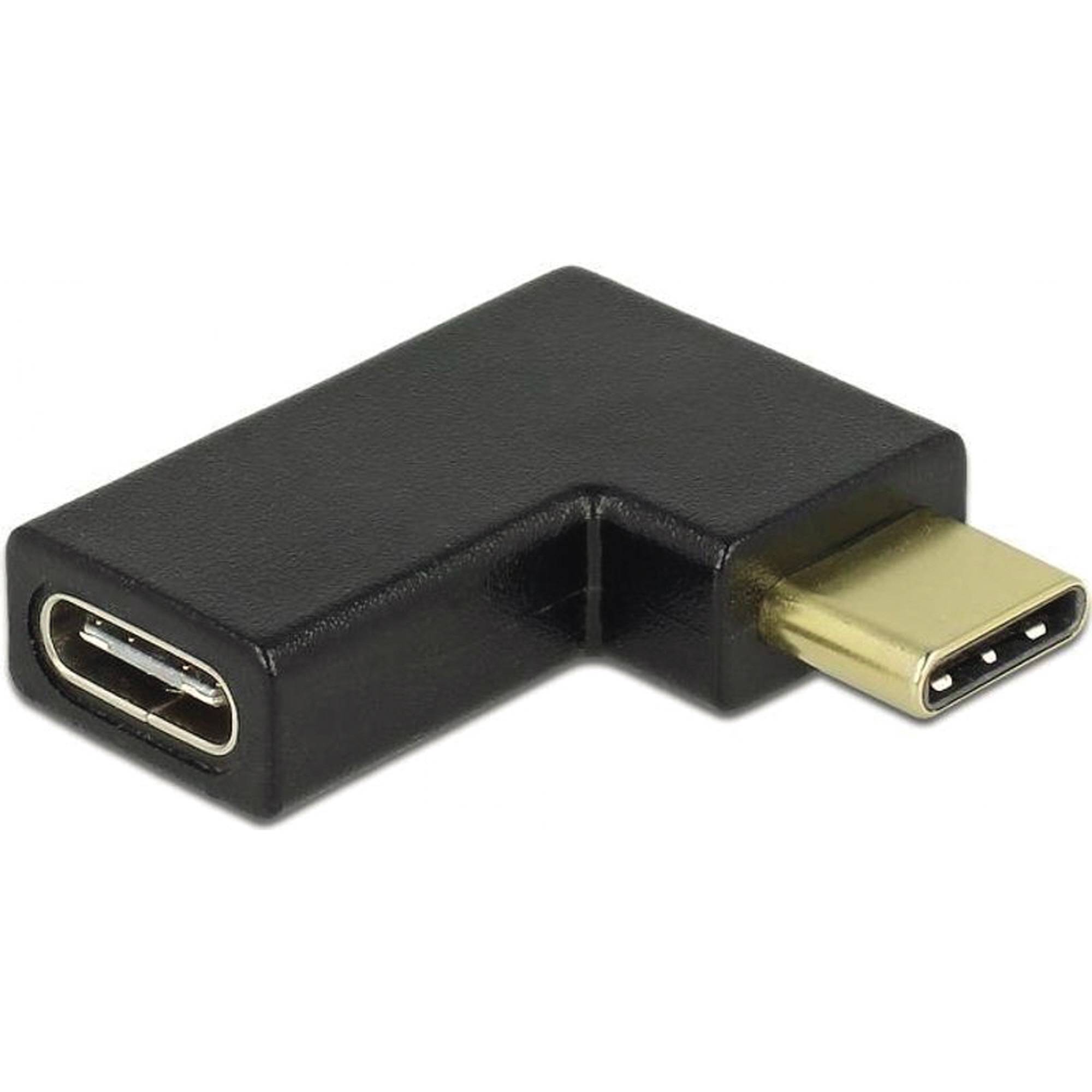 L-förmiger USB-C-Adapter mit einem geraden USB-C-Anschluss und einem abgewinkelten USB-C-Stecker auf schwarzem Gehäuse.