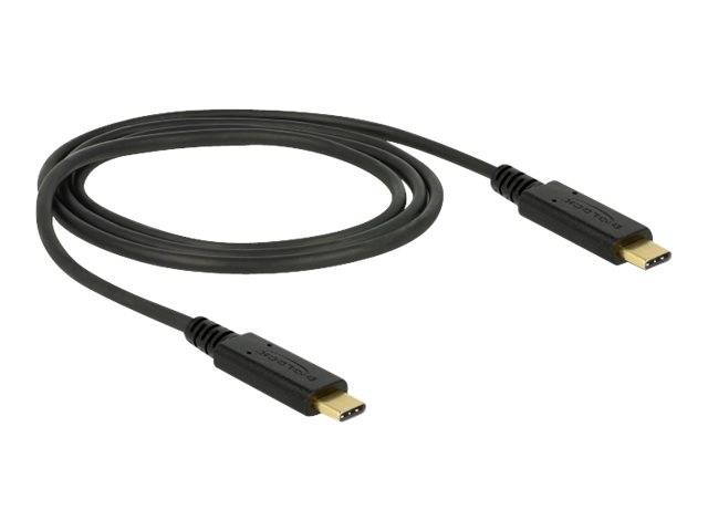 Schwarzes USB-C-Kabel mit Steckverbindern an beiden Enden, aufgerollt auf weißem Hintergrund.