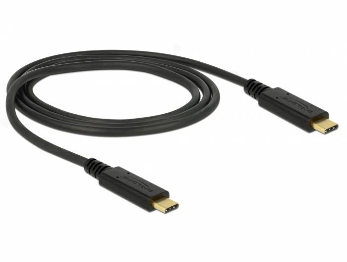 Schwarzes USB-C-Kabel mit Anschlüssen an beiden Enden, aufgerollt auf weißem Hintergrund dargestellt.