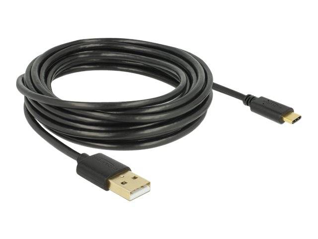 Aufgerolltes schwarzes USB-C-auf-USB-A-Kabel mit Steckern gezeigt auf weißem Hintergrund.