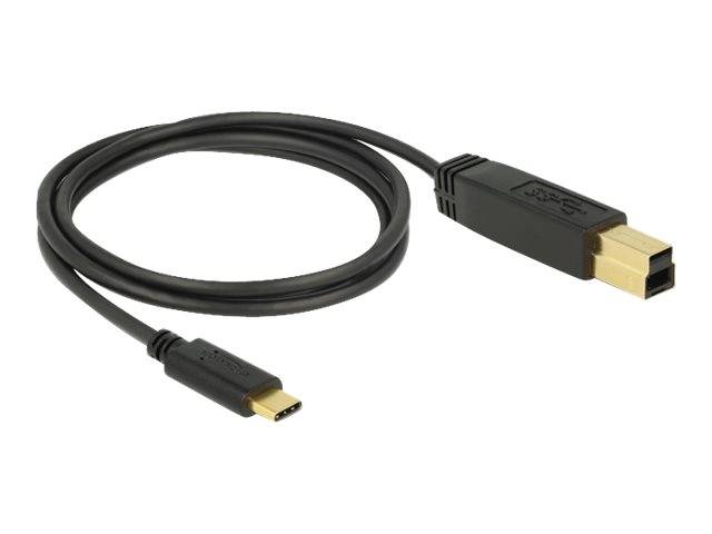 Schwarzes USB-C-zu-USB-B-Druckerkabel mit vergoldeten Anschlüssen, aufgerollt auf weißem Hintergrund.