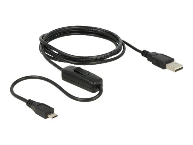 Schwarzes USB-Kabel mit integriertem Ein-/Aus-Schalter und Micro-USB-Steckern auf weißem Hintergrund