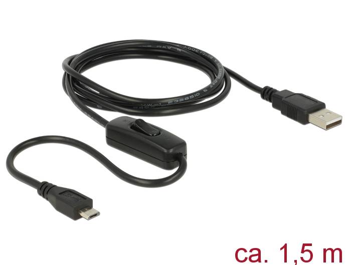 Schwarzes USB-Kabel mit Inline-Schalter, aufgerollt auf weißem Hintergrund dargestellt, mit der Kennzeichnung „ca. 1,5 m