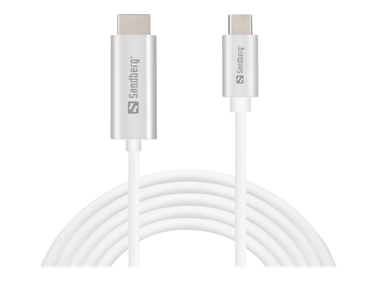 Weißes USB-C-Kabel, das unter zwei silbernen Steckerenden aufgewickelt ist, dargestellt als Produktbild.