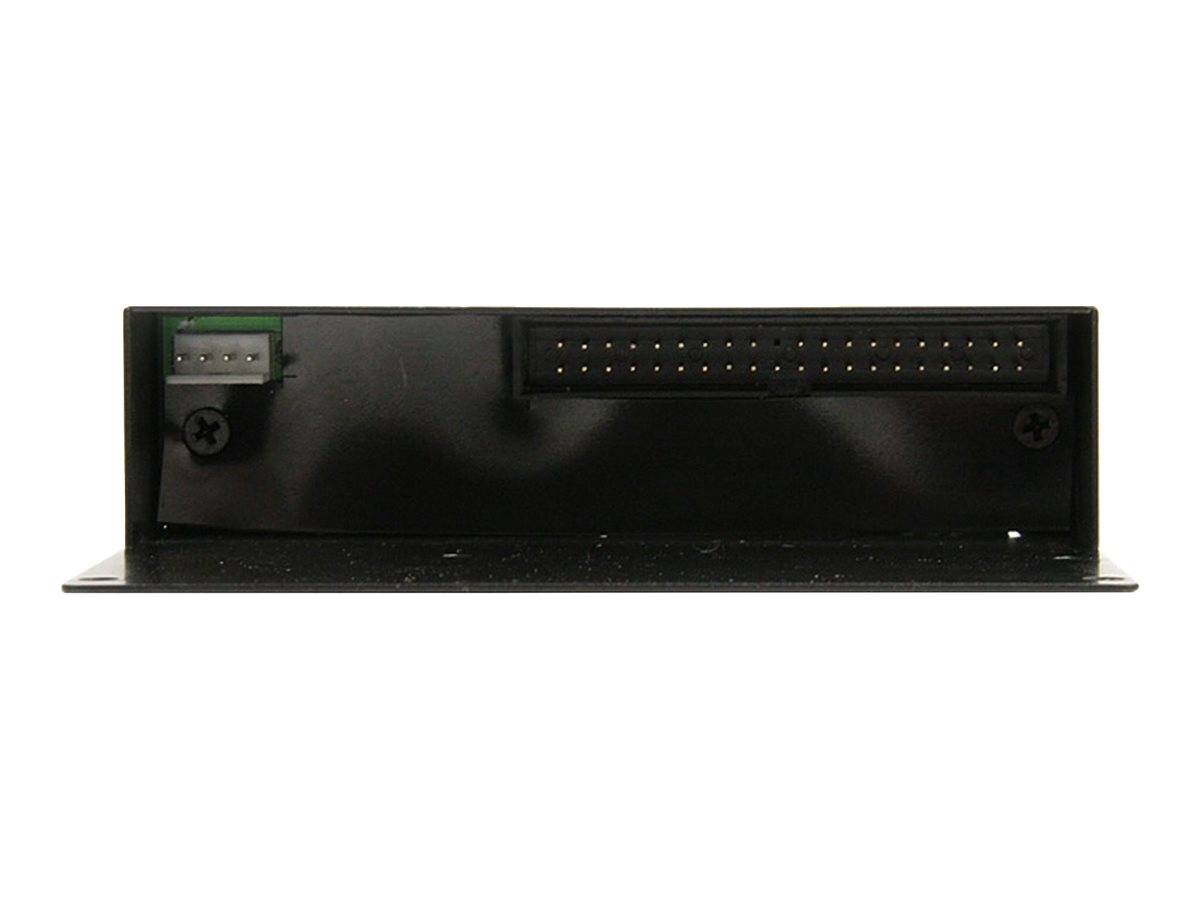 Schwarzes rechteckiges elektronisches Steckmodul mit einem kleinen Seitenstecker und einer langen mehrstiftigen Buchse, Frontansicht auf weißem Hintergrund dargestellt.