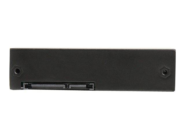 Schwarzes rechteckiges elektronisches Gerät mit Frontplatte, zwei Sechskant-Schraubenbefestigungen und einer kleinen Anschlussöffnung unten links.