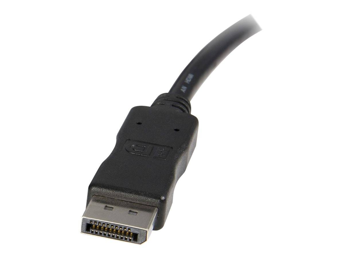 Nahaufnahme eines schwarzen DisplayPort-Kabelsteckers auf weißem Hintergrund.
