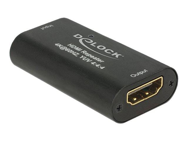 Schwarzer DeLock HDMI-Repeater-Adapter mit gekennzeichneten Ein- und Ausgängen und vergoldetem HDMI-Stecker an einem Ende.