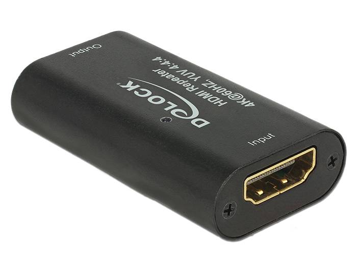Schwarzer Delock HDMI-Repeater/Adapter mit beschrifteten Ein- und Ausgängen für HDMI-Anschlüsse, gezeigt auf weißem Hintergrund.