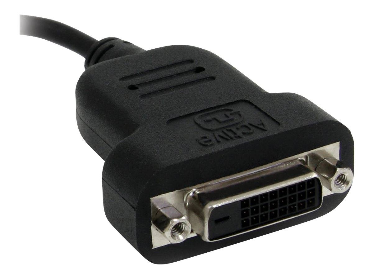 Nahaufnahme eines schwarzen Adapterkabels mit einem DVI-Anschluss, der das rechteckige Anschlussport und das angeschlossene Kabel auf weißem Hintergrund zeigt.