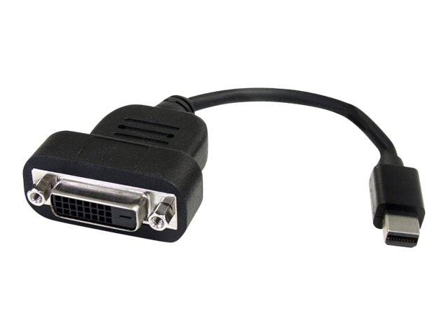 Ein schwarzer Kabeladapter mit einem DVI-Anschluss auf der einen Seite und einem kleineren digitalen Videoanschluss auf der anderen Seite.