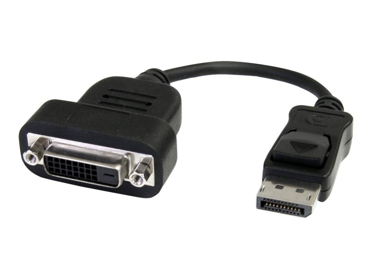 DisplayPort-zu-DVI-Adapterkabel mit einem DisplayPort-Stecker auf der einen Seite und einem weiblichen DVI-Anschluss auf der anderen Seite.