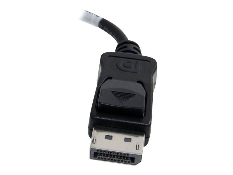 Nahaufnahme eines DisplayPort-Kabelsteckers mit schwarzem geformtem Stecker und Metallanschluss auf weißem Hintergrund.