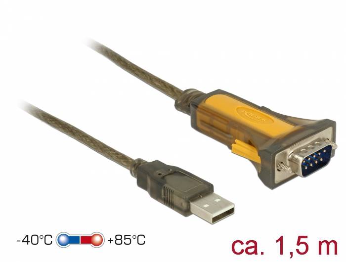 USB-Kabel mit DB9-Seriellstecker, gekennzeichnet für -40°C bis +85°C und ca. 1,5 m Länge.