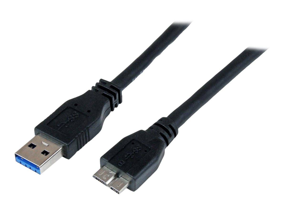 USB 3.0-Kabel mit einem Standard-USB-A-Anschluss an einem Ende und einem Micro-USB-Anschluss am anderen Ende, dargestellt auf weißem Hintergrund
