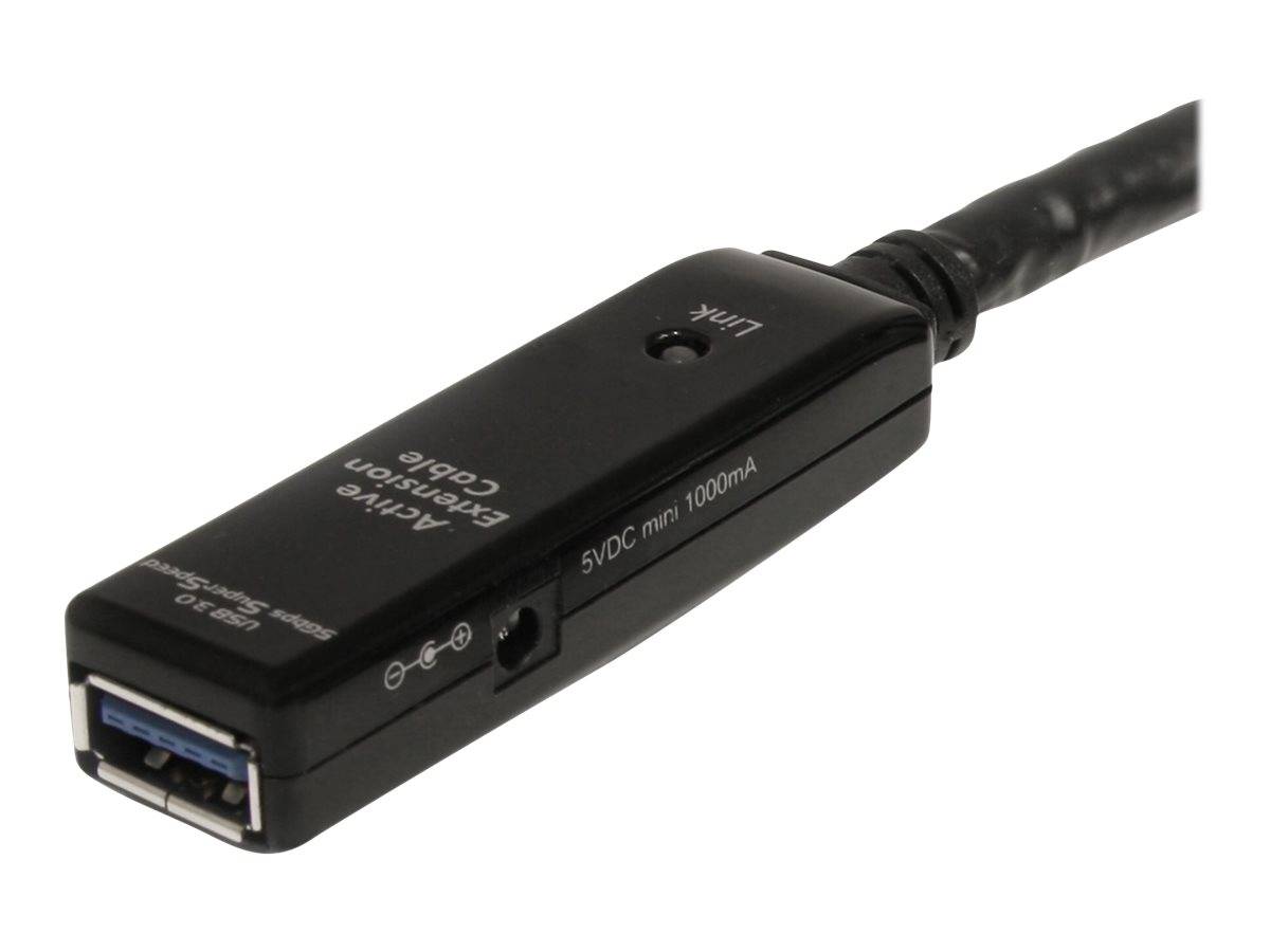Schwarzes USB-Adapterkabel mit der Bezeichnung „Active Extension Cable", mit USB-A-Stecker an einem Ende und USB-Anschluss am anderen Ende.