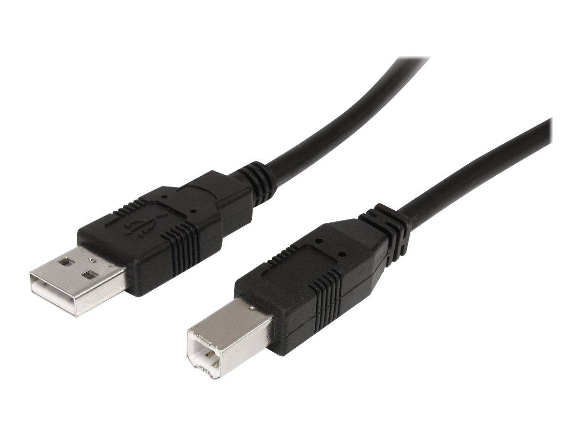 Schwarzes USB-Kabel mit einem Standard-USB-A-Anschluss auf einer Seite und einem quadratischen USB-B-Druckeranschluss auf der anderen Seite, dargestellt auf weißem Hintergrund.