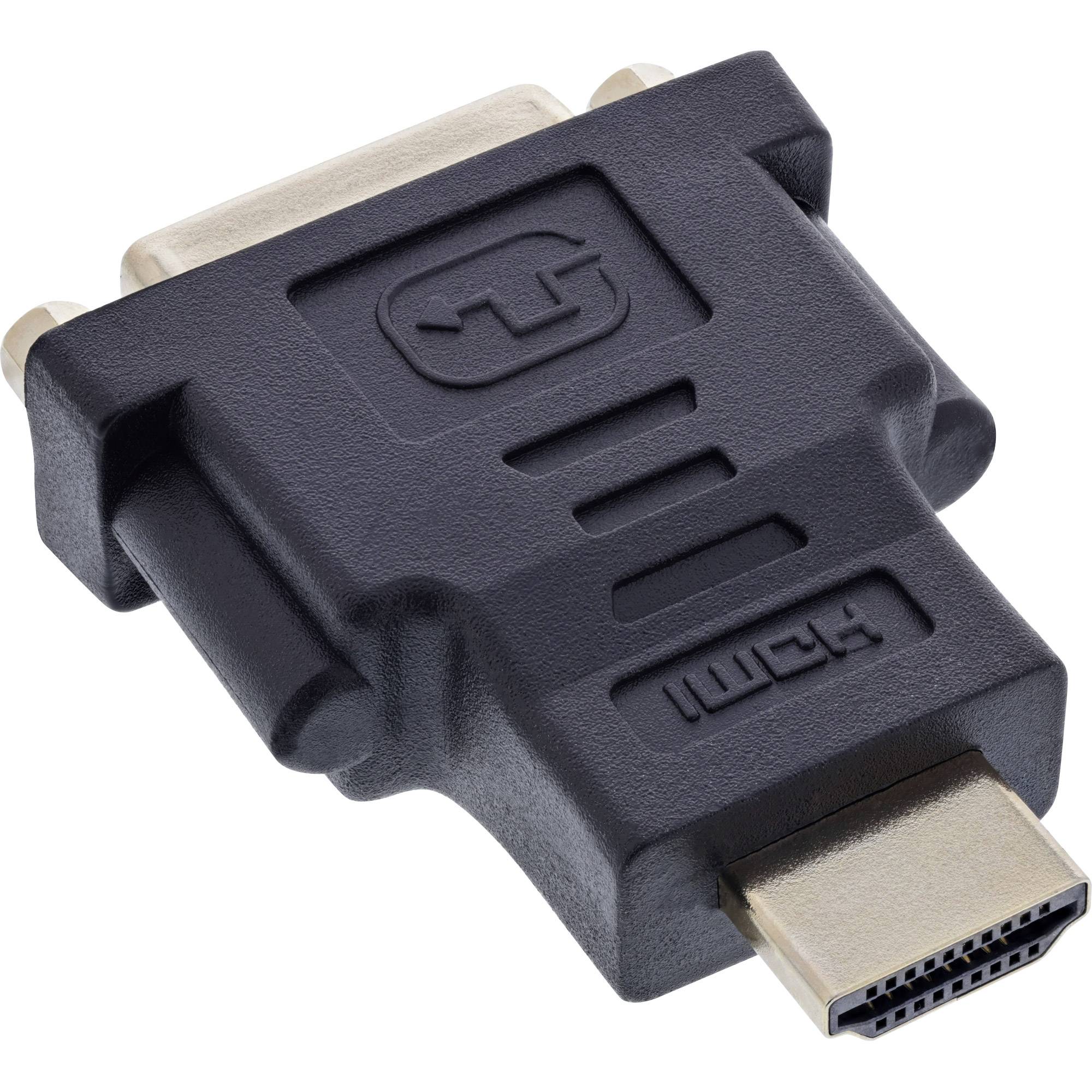 Nahaufnahme eines schwarzen HDMI-Adapters mit einem HDMI-Stecker und einem DVI-ähnlichen Buchse auf weißem Hintergrund.