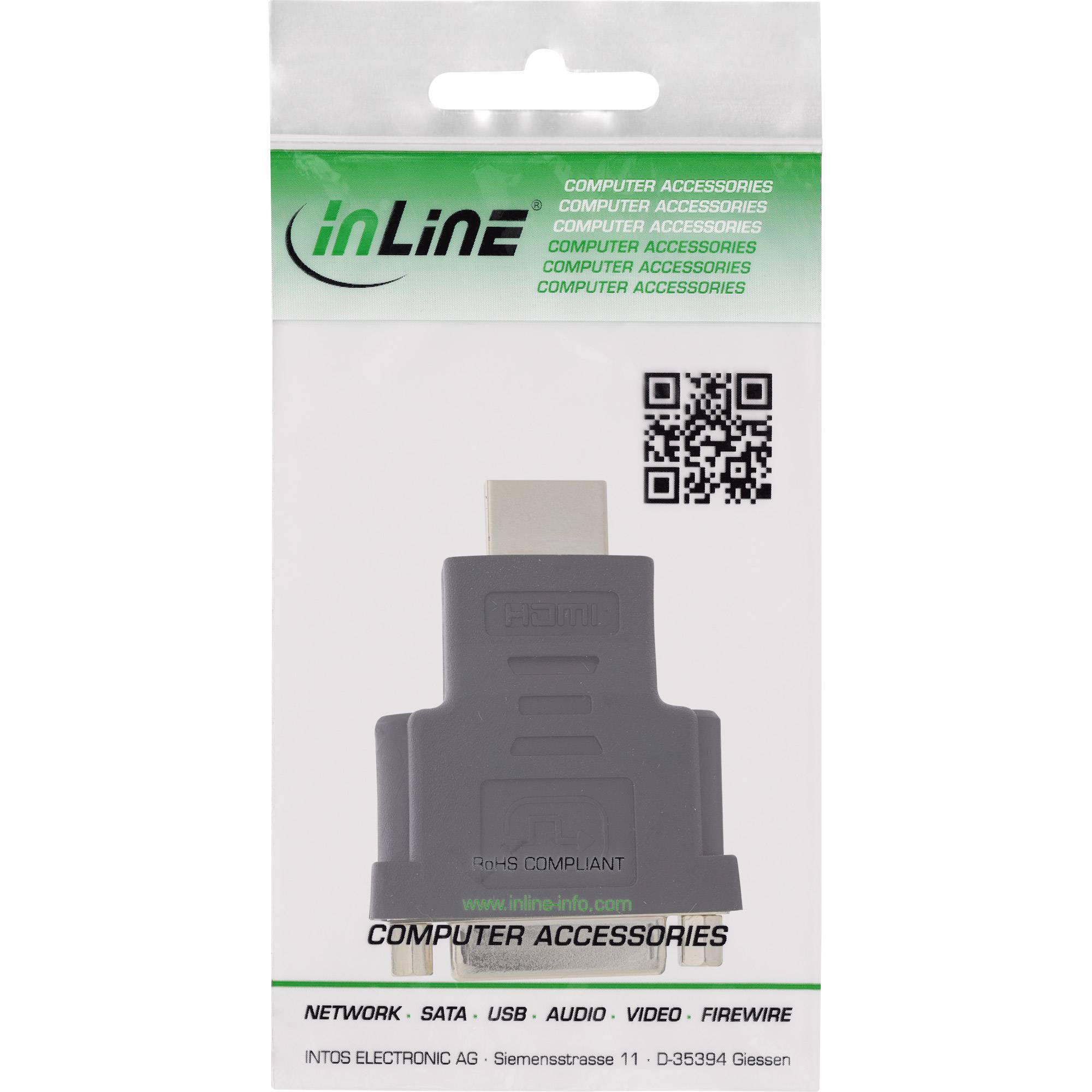 Foto einer inLine Computer-Zubehör Adapter-Verpackung mit QR-Code und Produktetikett für einen DVI-zu-HDMI konformen Adapter.
