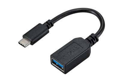 USB-C-Stecker auf USB-A-Buchse-Adapterkabel auf weißem Hintergrund.