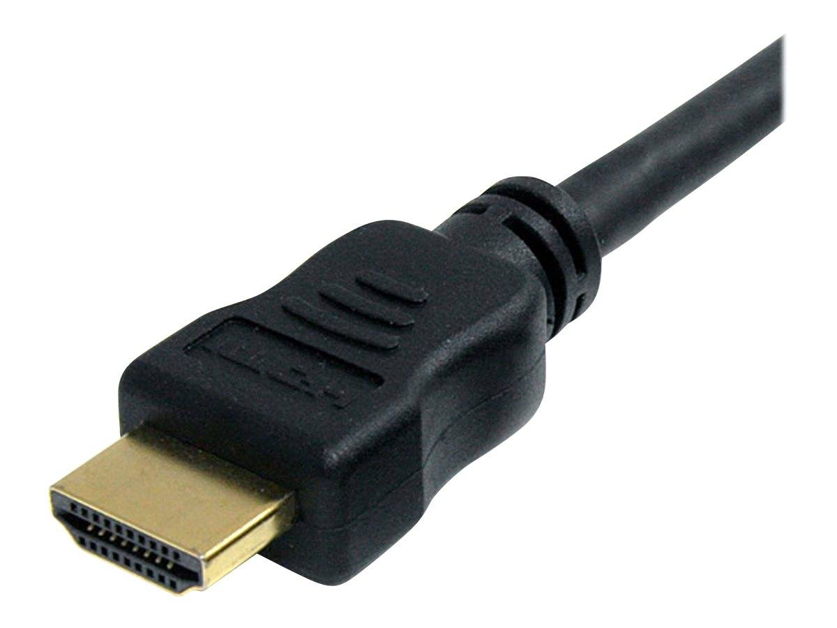 Nahaufnahme eines HDMI-Kabelsteckers mit schwarzem Kunststoffgehäuse und vergoldetem Stecker auf weißem Hintergrund.