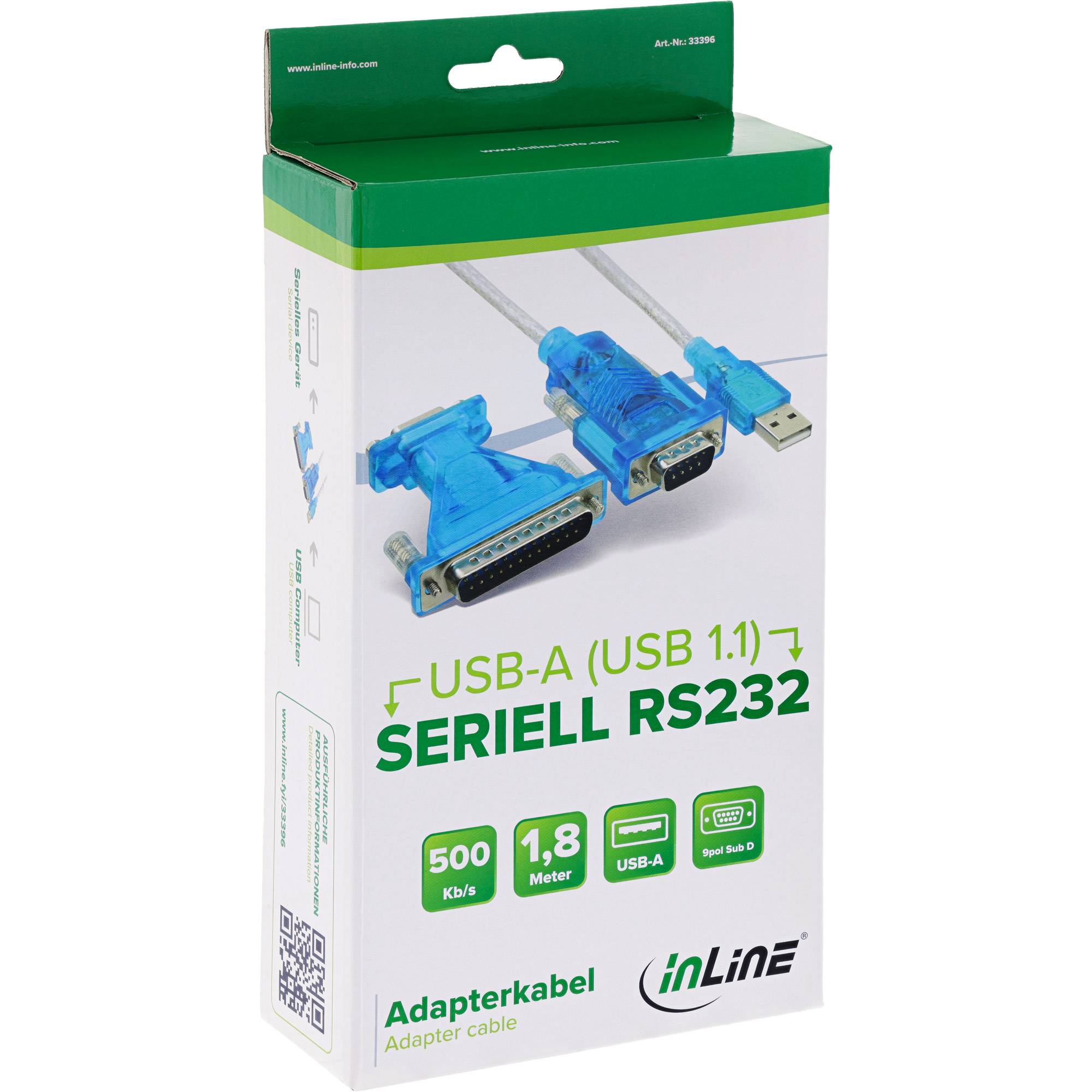 Produktbox für ein USB-A auf serielles RS232 Adapterkabel mit blauen Steckverbindern und Beschriftungen für 'SERIELL RS232', 500 Kb/s und 1,8 Meter.
