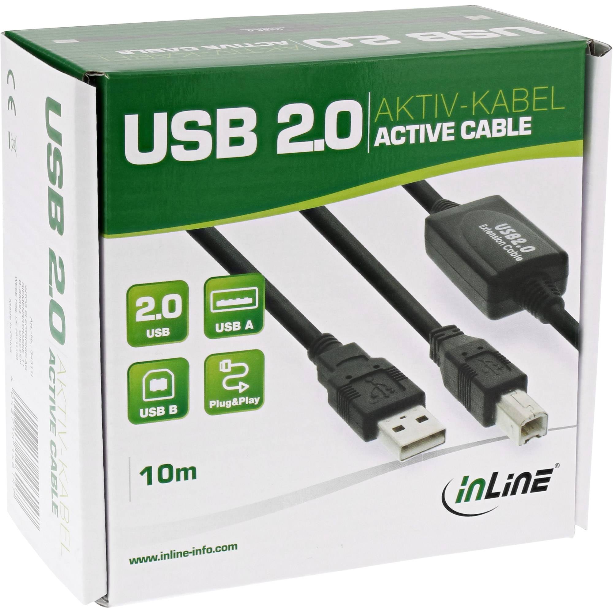 INLINE - USB 2.0 Kabel - aktiv mit Signalverstärkung ""Repeater"" - A an B - 10m