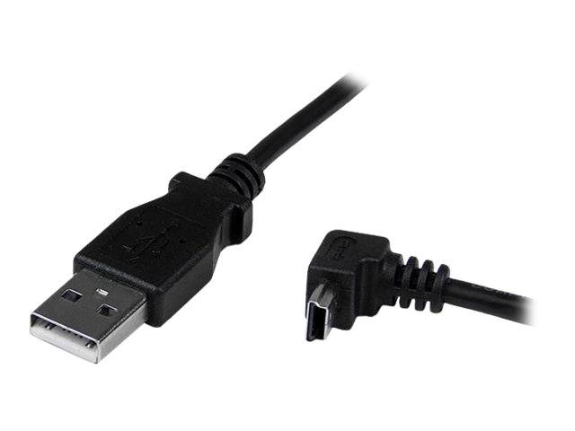 USB-Kabel mit einem Standard-USB-A-Stecker auf der linken Seite und einem abgewinkelten Mini-USB-Stecker auf der rechten Seite.