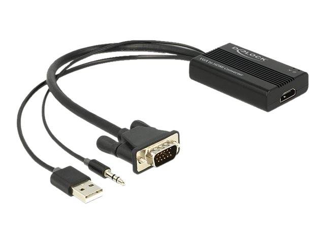 USB-zu-VGA-Konverterkabel mit USB-A-, 3,5-mm-Audio- und VGA-Steckerenden auf weißem Hintergrund