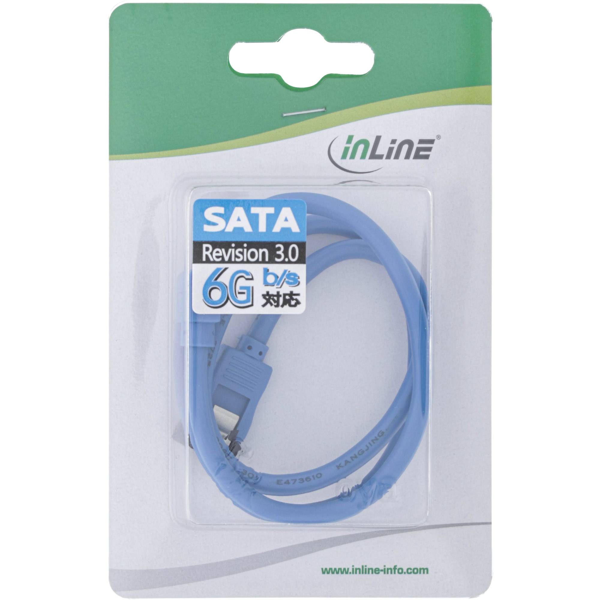 INLINE - SATA 6Gb/s Anschlusskabel rund - abgewinkelt - blau - mit Lasche - 0,3m