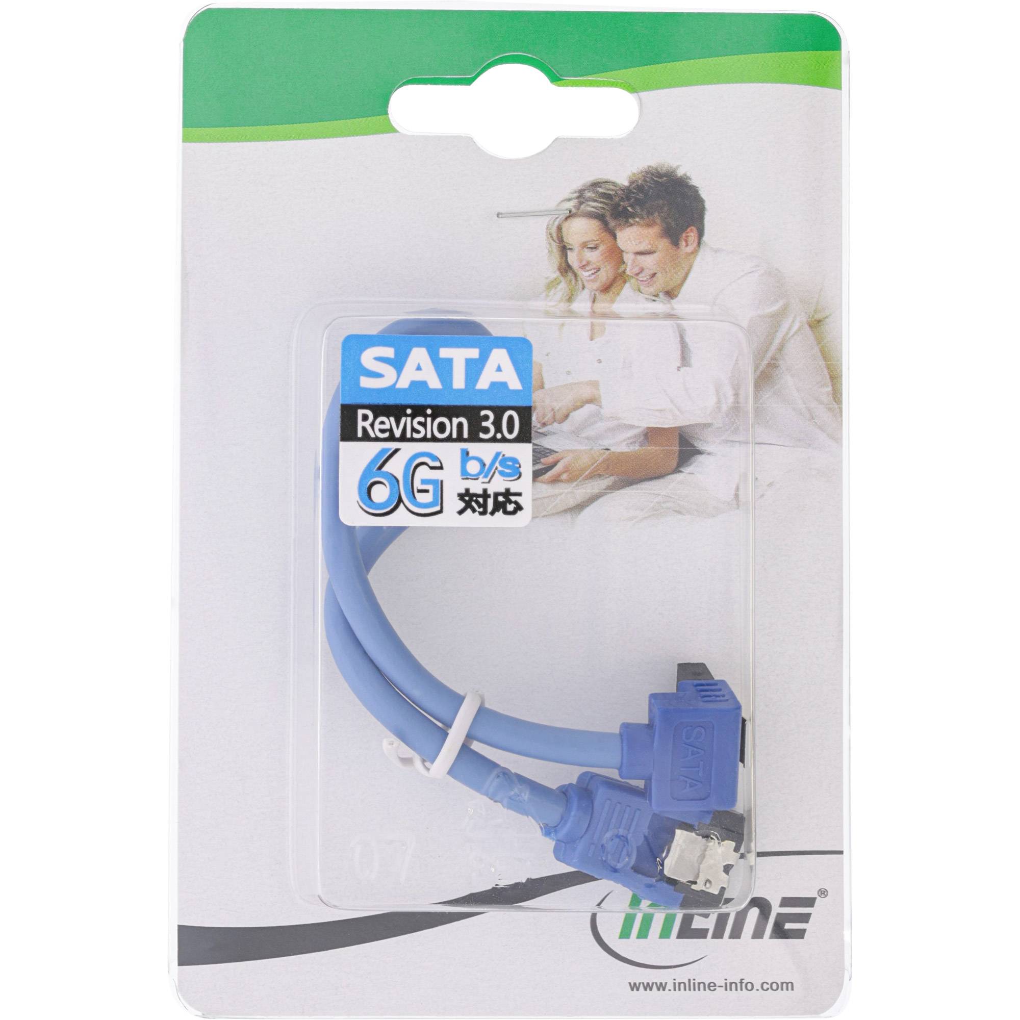 INLINE - SATA 6Gb/s Anschlusskabel rund - abgewinkelt - blau - mit Lasche - 0,15m