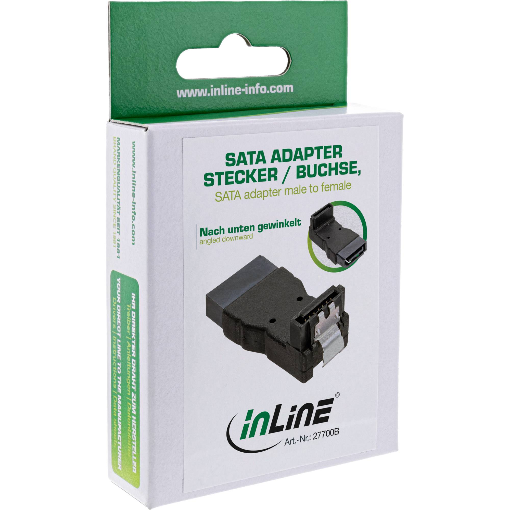Produktkarton für einen InLine SATA-Adapter, beschriftet mit „SATA-ADAPTER STECKER / BUCHSE