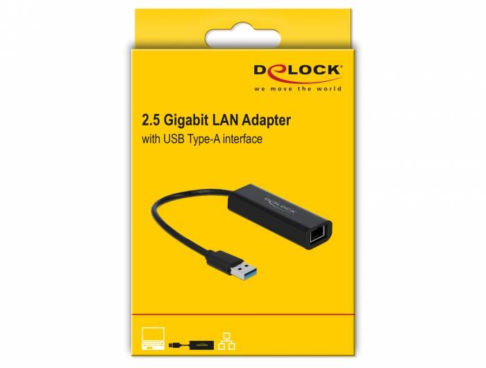 Verpackung für einen Delock 2,5-Gigabit-LAN-Adapter mit USB-Typ-A-Schnittstelle, der den Adapter und das Kabel auf einer gelben Schachtel zeigt.