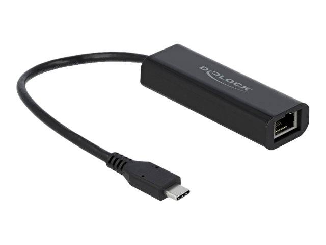 USB-C-auf-Ethernet-Adapter mit Kurzkabel und schwarzem Delock-Gehäuse