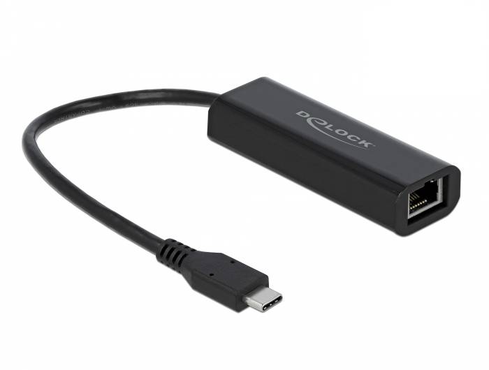 USB-C-zu-Ethernet-Adapterkabel mit einem schwarzen Doloch-Markierungs-Dongle und USB-C-Stecker, dargestellt auf weißem Hintergrund.