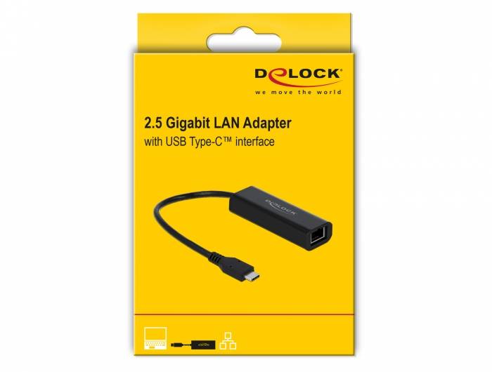 Produktbox für Delock 2,5-Gigabit-LAN-Adapter mit USB-Type-C-Schnittstelle, auf dem der Adapter und das Kabel auf einer gelben Verpackung gezeigt werden.