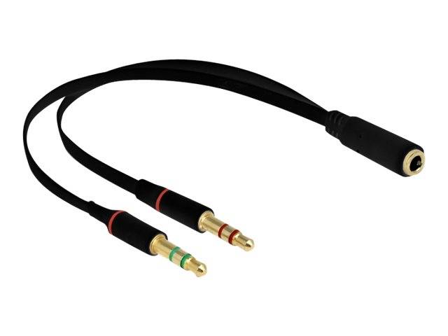 Schwarzes Audioadapterkabel mit zwei männlichen Steckern und einer weiblichen Buchse, wahrscheinlich ein Splitter oder Kopfhörerverlängerungskabel auf weißem Hintergrund