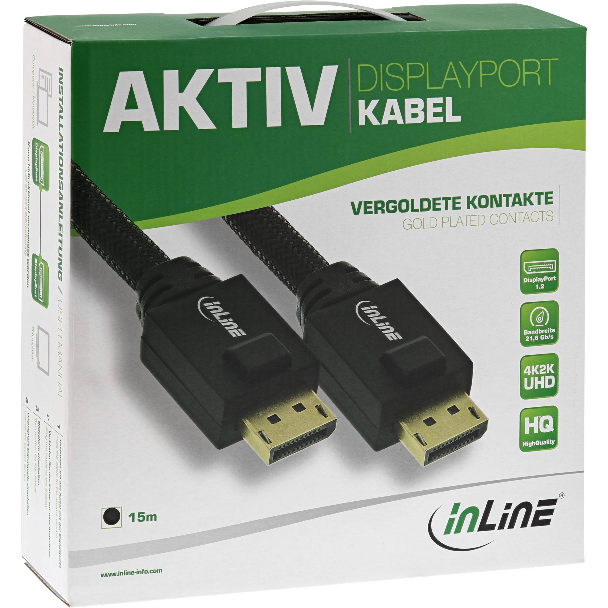 Produktverpackung für ein inLine ACTIV DisplayPort-Kabel mit zwei vergoldeten Steckverbindern, 15 m Länge und 4K2K UHD-Hochleistungsmerkmalen.