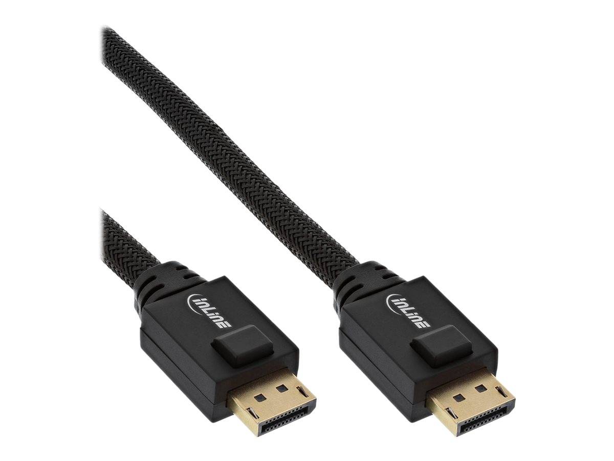 Zwei schwarze DisplayPort-Kabel mit geflochtenen Ummantelungen und rechteckigen Steckern auf weißem Hintergrund.