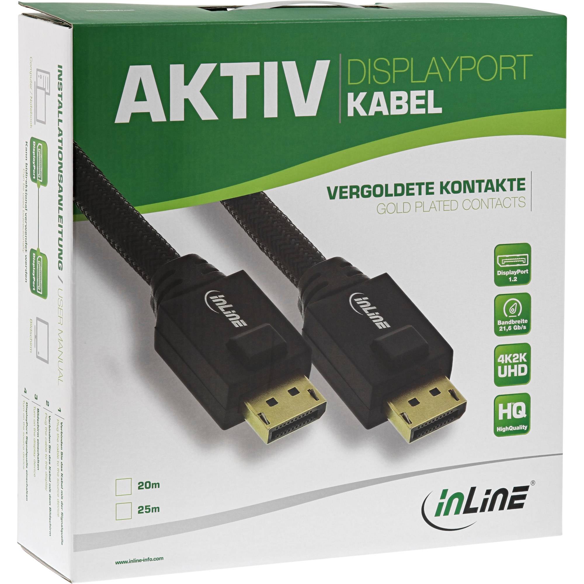 Verpackung einer inLine 'AKTIV' DisplayPort-Kabelbox, die zwei vergoldete Steckverbinder und Symbole für 4K UHD und hohe Qualität zeigt.