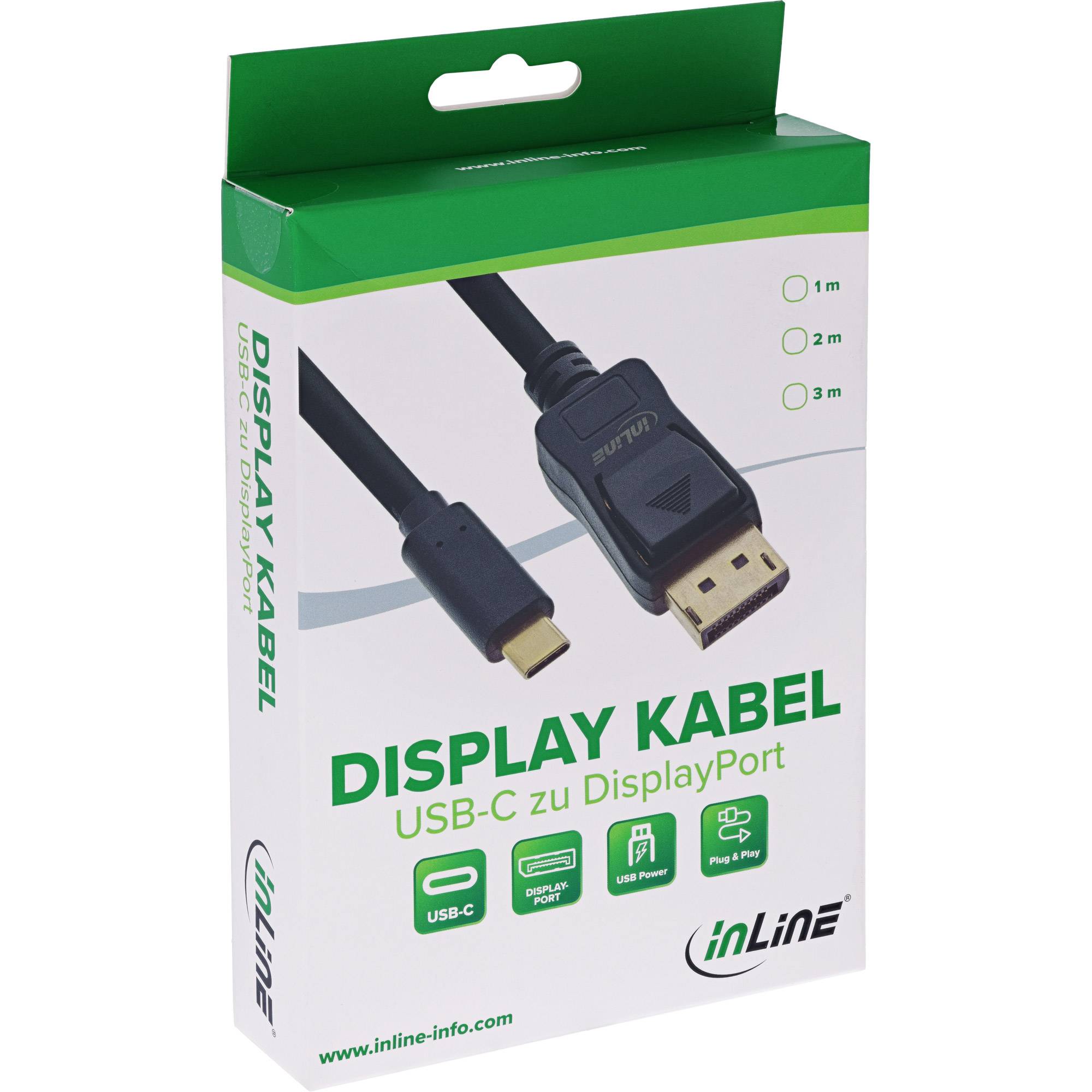 Schachtel eines InLine-DisplayPort-Kabels mit USB-C- zu DisplayPort-Steckern, gekennzeichnet mit „DISPLAY KABEL