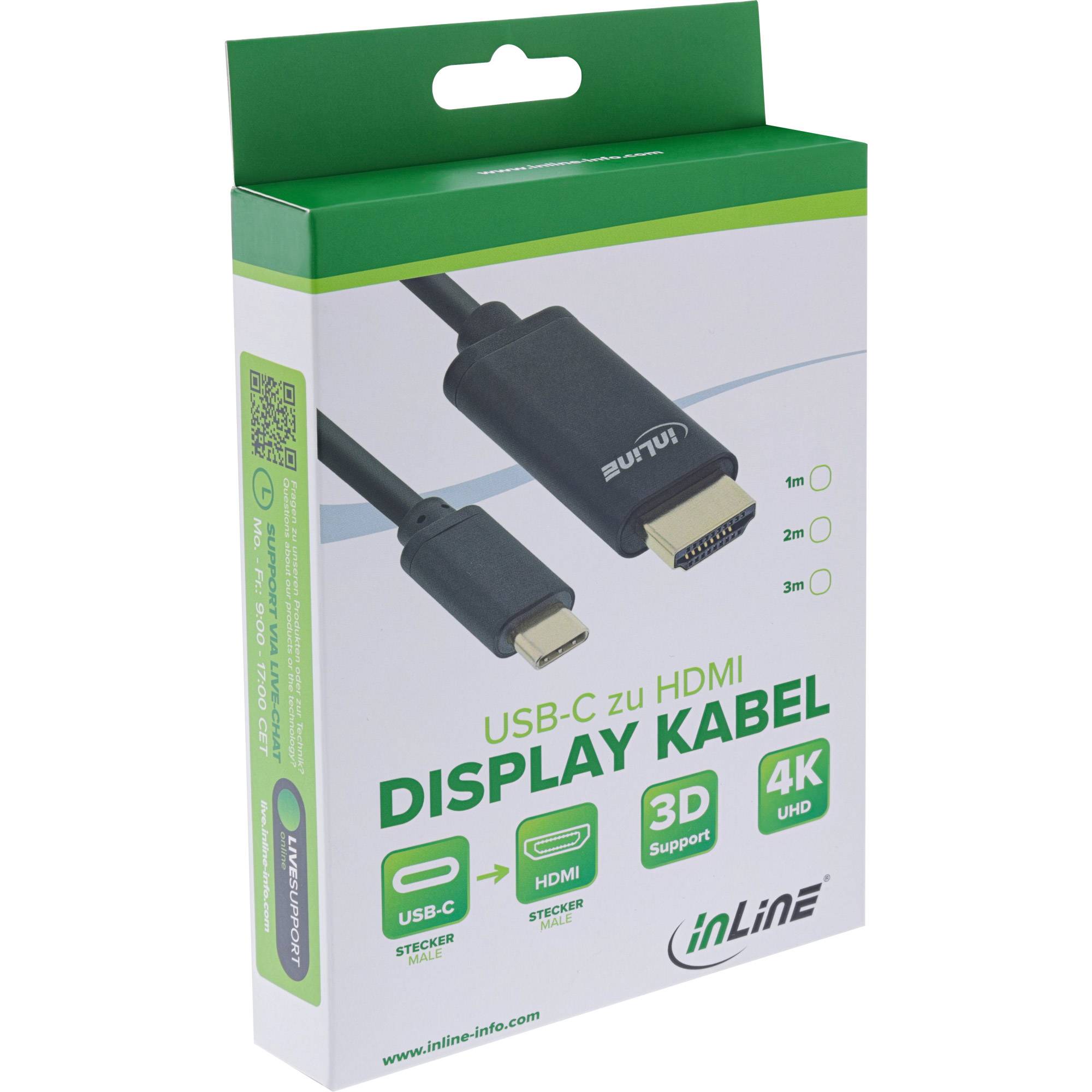 Produktverpackung für ein InLine USB-C auf HDMI Display-Kabel, beschriftet mit „4K UHD