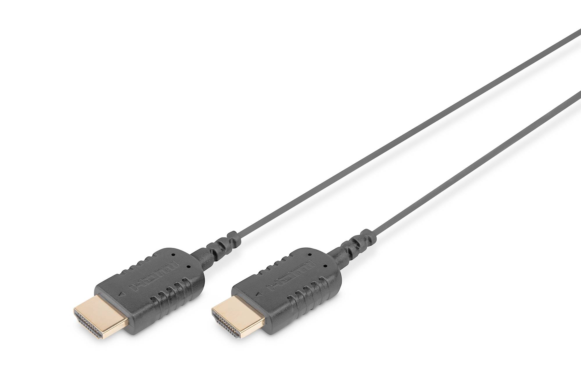 Zwei HDMI-Kabel mit grauen Steckern und goldenen Spitzen, gezeigt auf weißem Hintergrund.