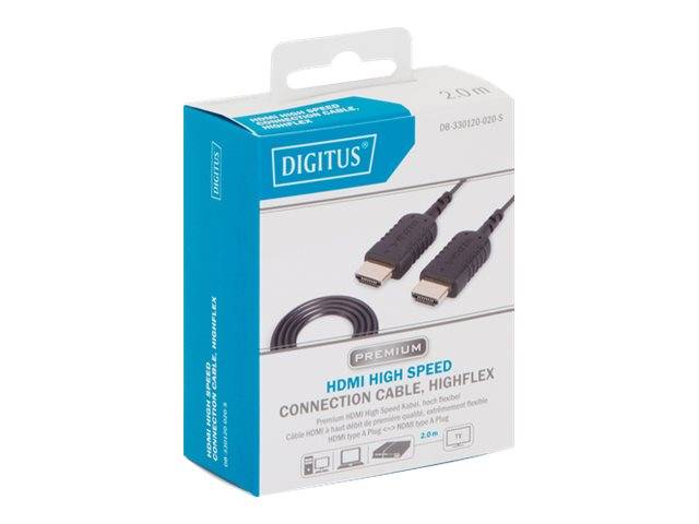 Digitus Premium Hochgeschwindigkeits-HDMI-Verbindungskabel, dargestellt auf Einzelhandelverpackung mit zwei HDMI-Steckern und aufgewickeltem schwarzem Kabel.
