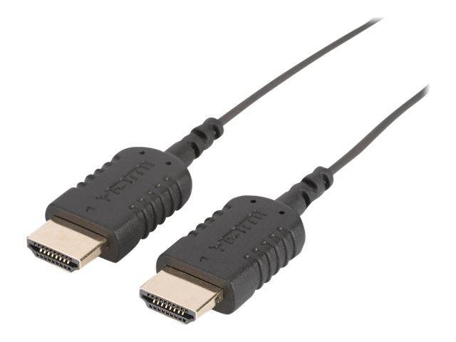 Zwei HDMI-Kabelstecker auf schwarzen Kabeln, dargestellt auf weißem Hintergrund.